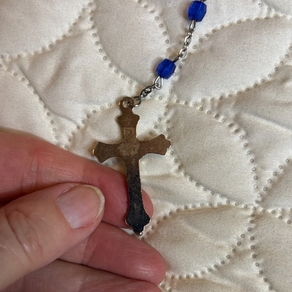 INRI Blue Beaded Rosary Necklace with Silver Accents